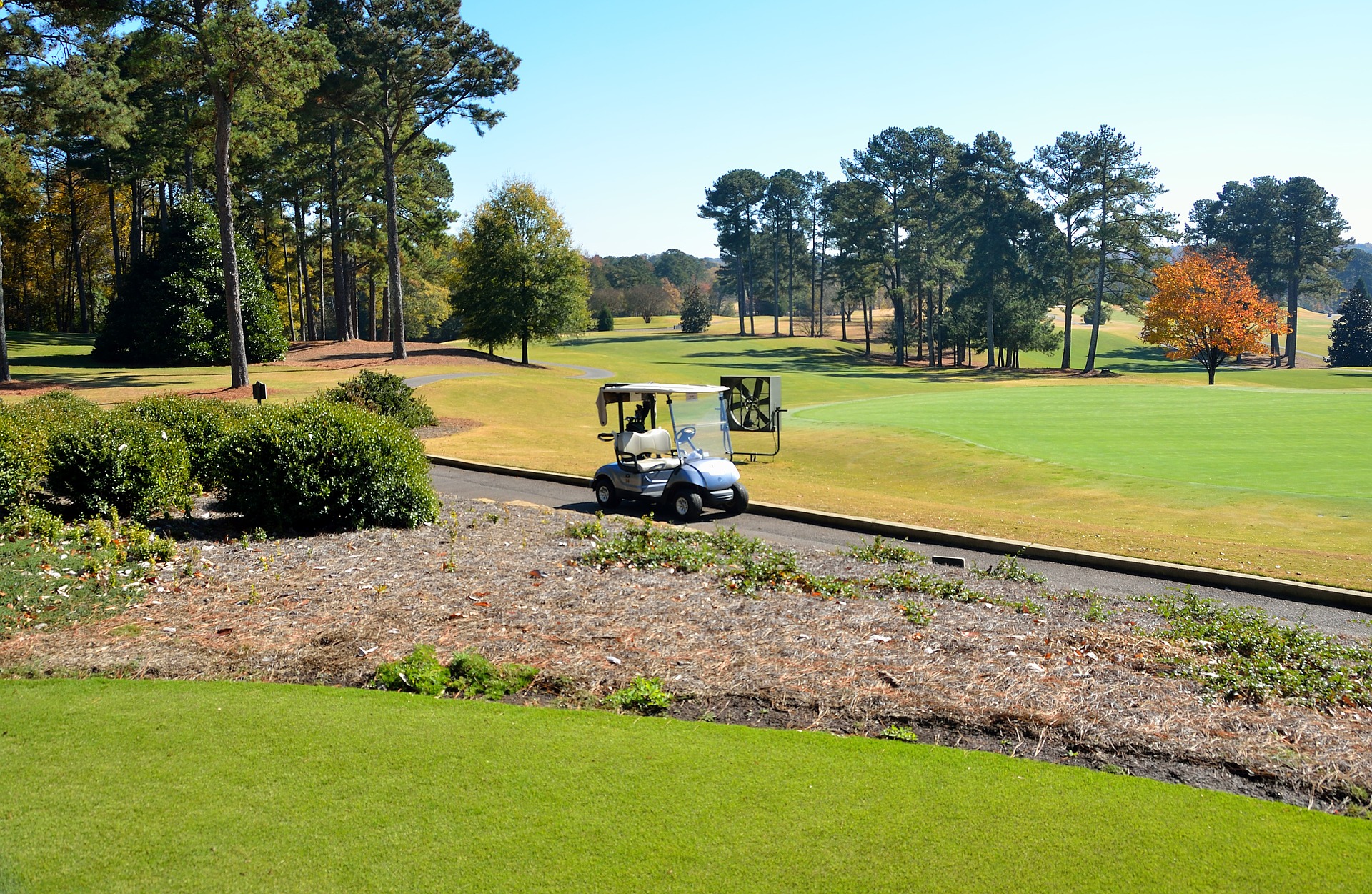 Golfers have parked their elecrtic golf buggy at the side of the range. 